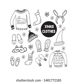 Cute doodle set with warm and comfortable sweater, slippers, sleeping mask, hat, mittens, snowflakes and socks. Hand drawn winter vector illustration for seasonal design.