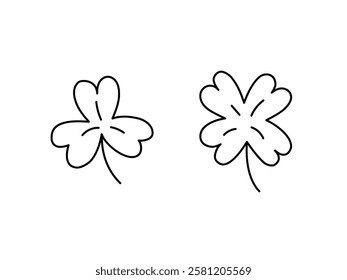 Cute doodle shamrock, clover isolated. St Patricks Day symbol. Four and three leaves. Vector doodle illustration. Irish Patricks Day March 17 design elements.