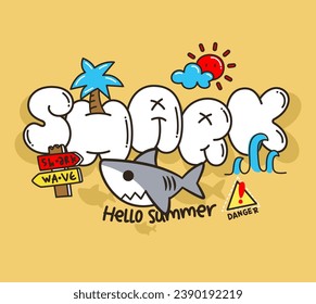 Cute doodle shark cartoon on yellow background vector, Hello summer slogan.