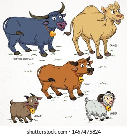 cute doodle sheep, goat, camel and buffalo