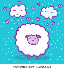 Cute doodle sheep on a blue background with clouds and hearts Vector illustration for kids.