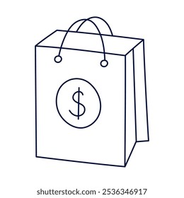 Bolso de compras lindo del doodle con la etiqueta engomada de la muestra del dólar. Paquete dibujado a mano para comprar y llevar las compras de la tienda de comestibles, supermercado, tienda. Clipart de concepto de venta de viernes negro aislado sobre fondo blanco.