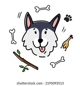 Cute doodle siberian husky dog with toy bones and paw marks. Funny hand drawn vector illustration