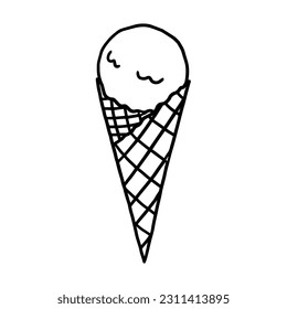 Cute doodle single element of delicious ice cream on waffle cone. Great for banners, menu design, print, web. Vector illustration EPS10. Isolated on white background