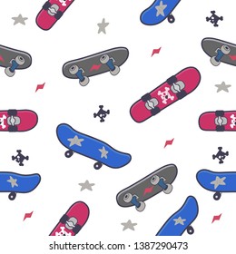 Cute doodle skateboards seamless pattern