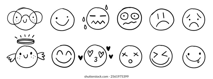 Cute doodle sketch emotion face lovely avatar icons. Angel wings, crying character, confused, sad, happy collection.