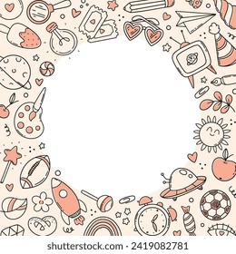 Esbozo de doodle lindo enmarcado en el fondo, elementos cotidianos de la vida de los niños, estilo dibujado a mano con dibujos animados. Elementos de espacio, tiempo, comida, hobby, vacaciones, vacaciones, tiempo libre. Ilustración vectorial. 
