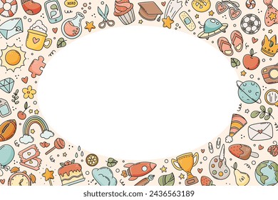 Cute doodle sketch framed background, everyday items of children’s life, cartoon hand drawn style.