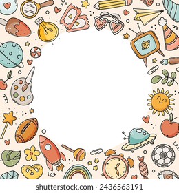 Cute doodle sketch framed background, everyday items of children’s life, cartoon hand drawn style.