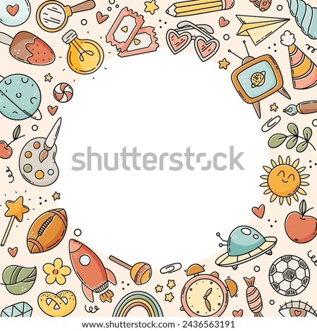 Cute doodle sketch framed background, everyday items of children’s life, cartoon hand drawn style.