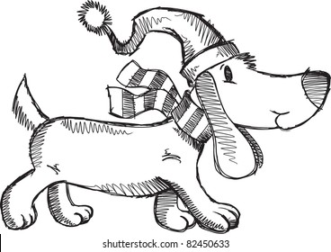 Cute Doodle Sketch Holiday Christmas Puppy Dog Vector Illustration