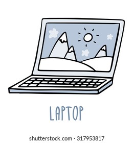 Cute Doodle Sketch Of Laptop In Blue Tones, Isolated On White