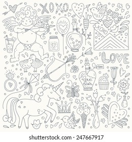 Cute doodle sketch of romantic vector elements. Handdrawn doodle ValentineÃ?Â¢??s day characters and illustrations. Save the date or wedding card design elements. 