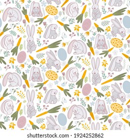 Cute doodle sketch seamless pattern bunnies, rabbits, easter eggs, flowers. Happy Easter collection in vector. Design in cartoon style. Perfect for holiday decoration and spring greeting cards. 