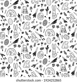 Cute doodle sketch seamless pattern bunnies, rabbits, easter eggs, flowers. Happy Easter collection in vector. Design in cartoon style. Perfect for holiday decoration and spring greeting cards. 