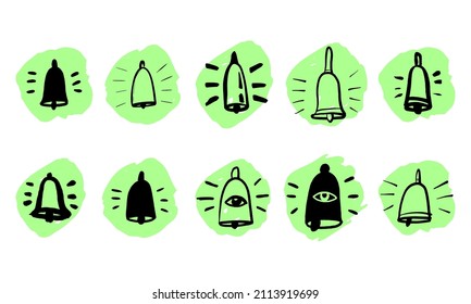 Cute doodle, sketch style reminder icon collection, hand-drawn ringing bell set. Circle, round textured notice icon. Vector isolated hand-drawn illustration.