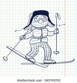 Cute doodle skier (ski player), vector illustration