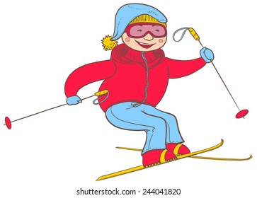 Cute doodle skier (ski player), vector illustration