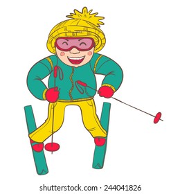 Cute doodle skier (ski player), vector illustration