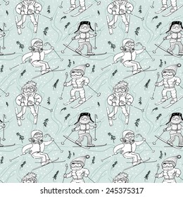 Cute doodle skiers seamless pattern