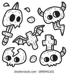 cute doodle skull cartoon designs  for coloring, backgrounds, stickers, logos, symbol, icons and more
