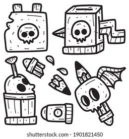cute doodle skull cartoon designs  for coloring, backgrounds, stickers, logos, symbol, icons and more
