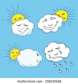 Cute doodle of sky elements: sun, clouds. Vector illustration