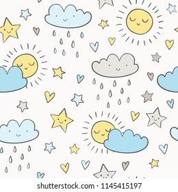 Cute doodle sky vector pattern with smiling sun, clouds, raindrops and stars. Hand drawn weather seamless print. 