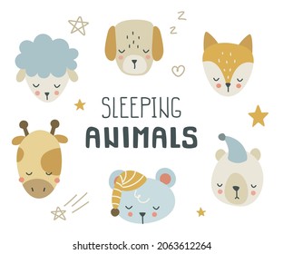 Cute doodle sleeping animals heads set. Collections of sleepy face fox, dog, bear, mouse, giraffe, lamp.