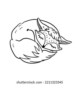 Cute doodle sleeping fox. Hand drawn vector outline illustration isolated on white. Perfect for greeting cards, coloring books, holiday designs, print, textile designs.