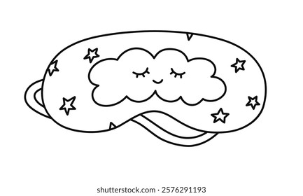 Cute doodle sleeping mask with dreaming cloud and stars. Funny girly outline eye mask. Hand drawn bedtime accessory for comfort resting to prevent insomnia isolated on white background.