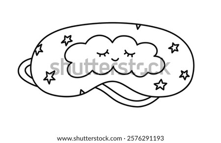 Cute doodle sleeping mask with dreaming cloud and stars. Funny girly outline eye mask. Hand drawn bedtime accessory for comfort resting to prevent insomnia isolated on white background.