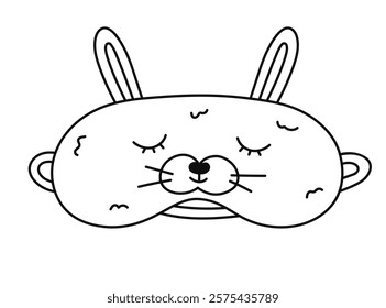 Cute doodle sleeping mask in the shape of rabbit head. Funny childish animal eye mask with bunny. Hand drawn outline bedtime accessory with hare for peaceful dreaming isolated on white background.