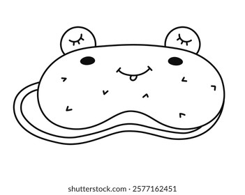 Cute doodle sleeping mask in the shape of frog head. Funny childish animal eye mask with dreaming toad. Hand drawn vector bedtime accessory for comfort night. Line clipart isolated on background.