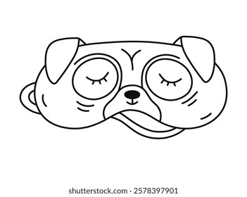 Cute doodle sleeping mask in the shape of pug head. Funny childish animal eye mask with dog. Hand drawn outline bedtime clothing for comfort dreaming. Night accessory isolated on white background.