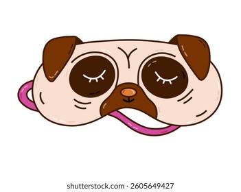 Cute doodle sleeping mask in the shape of pug head. Funny childish animal eye mask with dog. Hand drawn colorful bedtime clothing for comfort dreaming. Night accessory isolated on white background.
