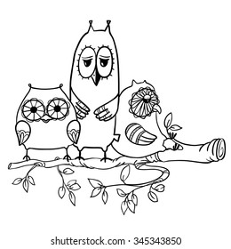 Cute doodle sleepy owls on the branch. Vector line art doodle illustration with night birds. Cute animals cartoon in black and white colors and children's style drawing