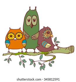 Cute doodle sleepy owls on the branch. Vector line art doodle illustration with night birds. Cute animals cartoon in colorful and children's style drawing