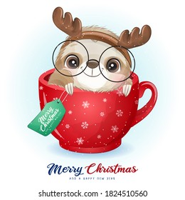 Cute doodle sloth for christmas day with watercolor illustration