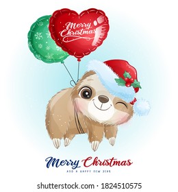 Cute doodle sloth for christmas day with watercolor illustration
