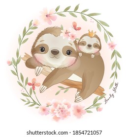 Cute doodle sloth with floral illustration