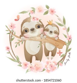 Cute doodle sloth with floral illustration