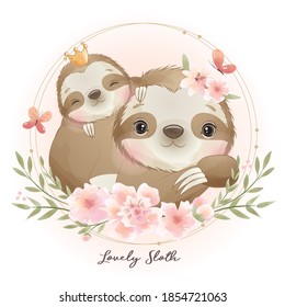 Cute doodle sloth with floral illustration