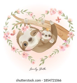 Cute doodle sloth with floral illustration