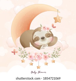 Cute doodle sloth with floral illustration