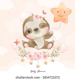 Cute doodle sloth with floral illustration