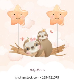 Cute doodle sloth with floral illustration