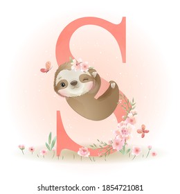 Cute doodle sloth with floral illustration