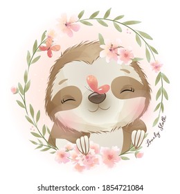 Cute doodle sloth with floral illustration