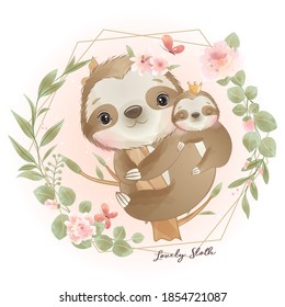 Cute doodle sloth with floral illustration